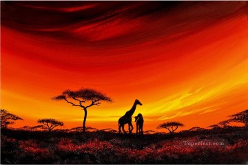 girafes sur prairie au coucher du soleil Afriqueine Peinture à l'huile
